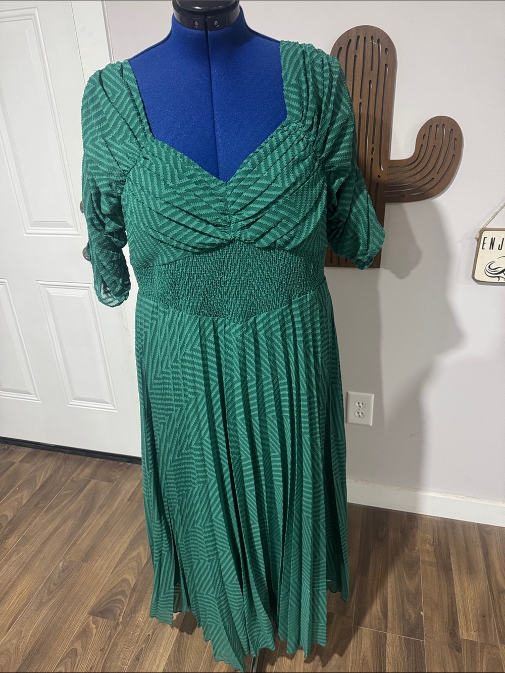 ASOS Emerald Green Pleated Midi Dress with Smocked Waist